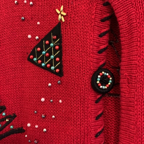 VINTAGE DESIGNERS ORIGINALS STUDIO UGLY CHRISTMAS CARDIGAN SWEATER RED - Picture 4 of 9